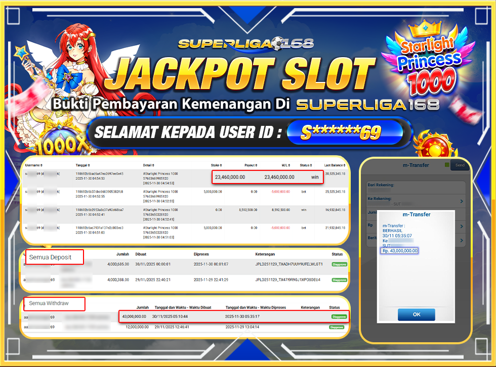 SUPERLIGA168 JACKPOT STARLIGHT PRINCESS 1000 Rp.43,000,000LUNAS